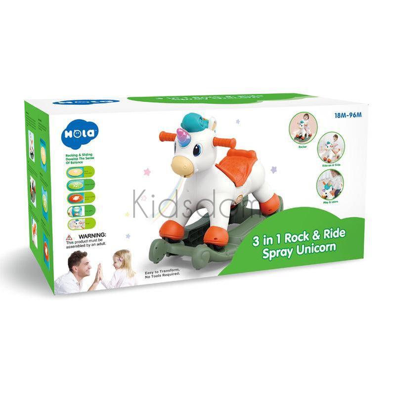 3-in-1 Rock & Ride Spray Unicorn – Multi-functional Ride-On Toy