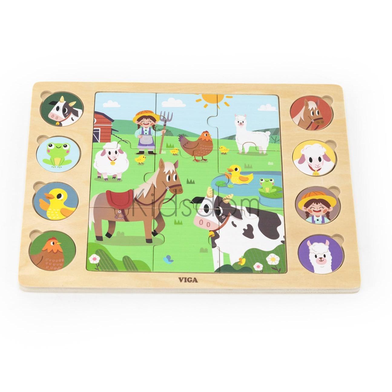 Viga Wooden Farm Scene Puzzle – Match & Learn Animal Shadows