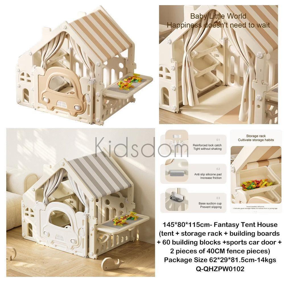 Fantasy Tent Playhouse for Kids – With Storage Rack, Car Door, and 60 Building Blocks