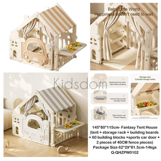 Fantasy Tent Playhouse for Kids – With Storage Rack, Car Door, and 60 Building Blocks